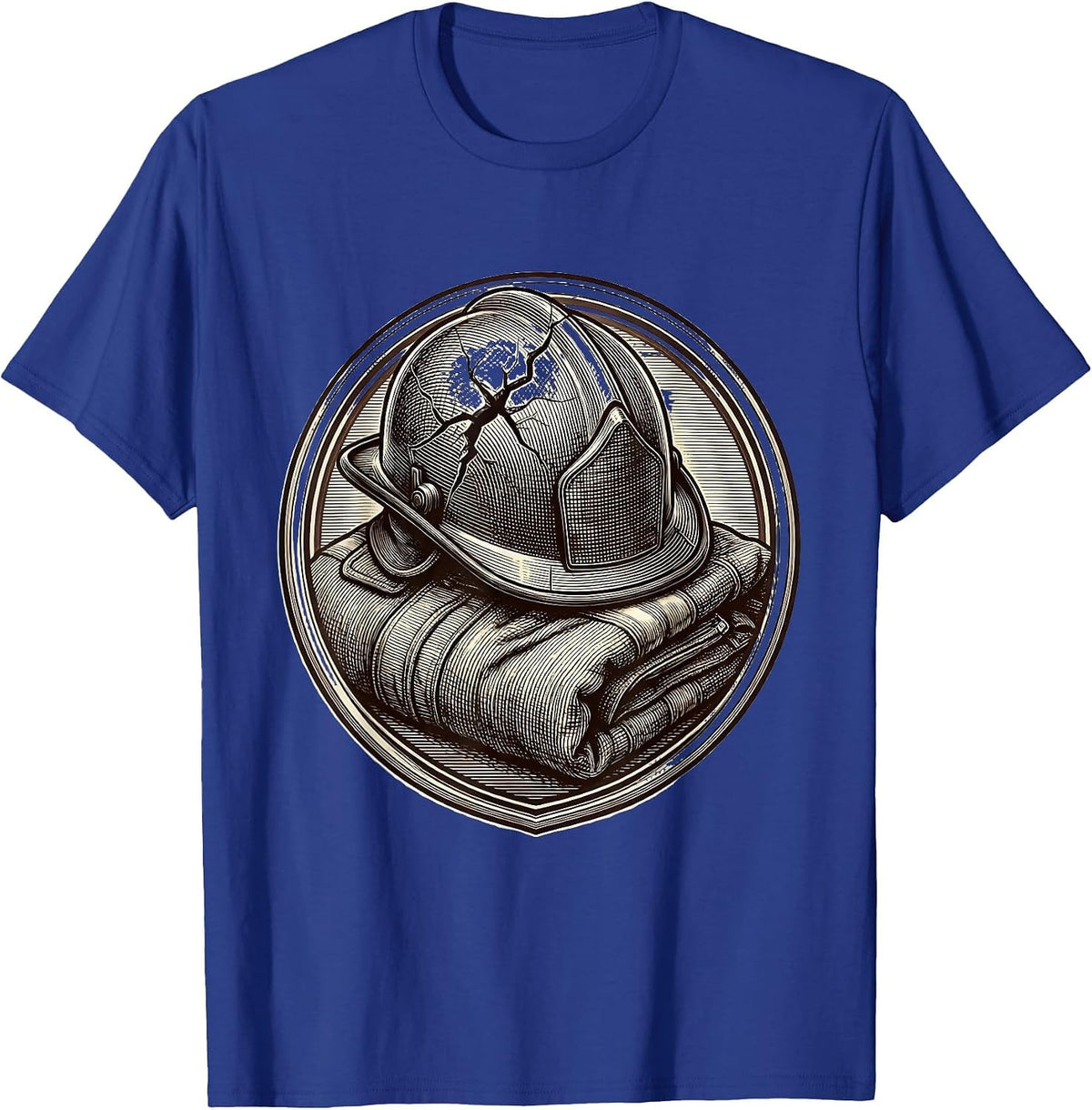 Cracked Firefighter Helmet and Folded Jacket Design T-Shirt - Royal Blue