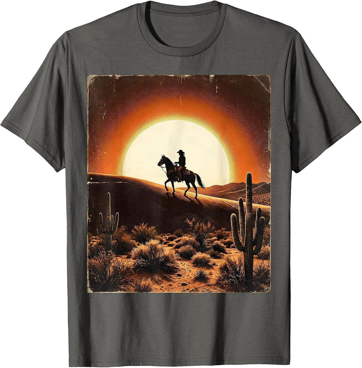 Lone Cowboy Riding at Dusk Texas Desert Design T-Shirt - Asphalt Grey