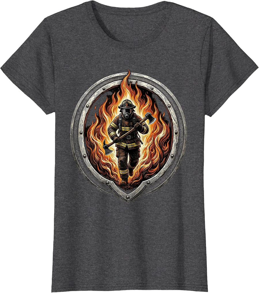 Women's Firefighter Silhouette Walking Through Flames T-Shirt - Dark Heather Grey