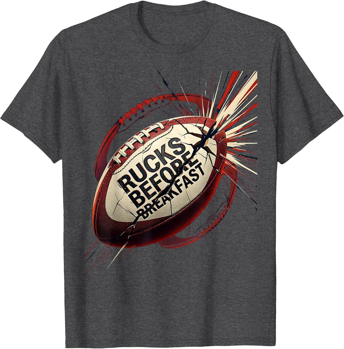 Rucks Before Breakfast Rugby Graphic Design T-Shirt - Dark Heather Grey