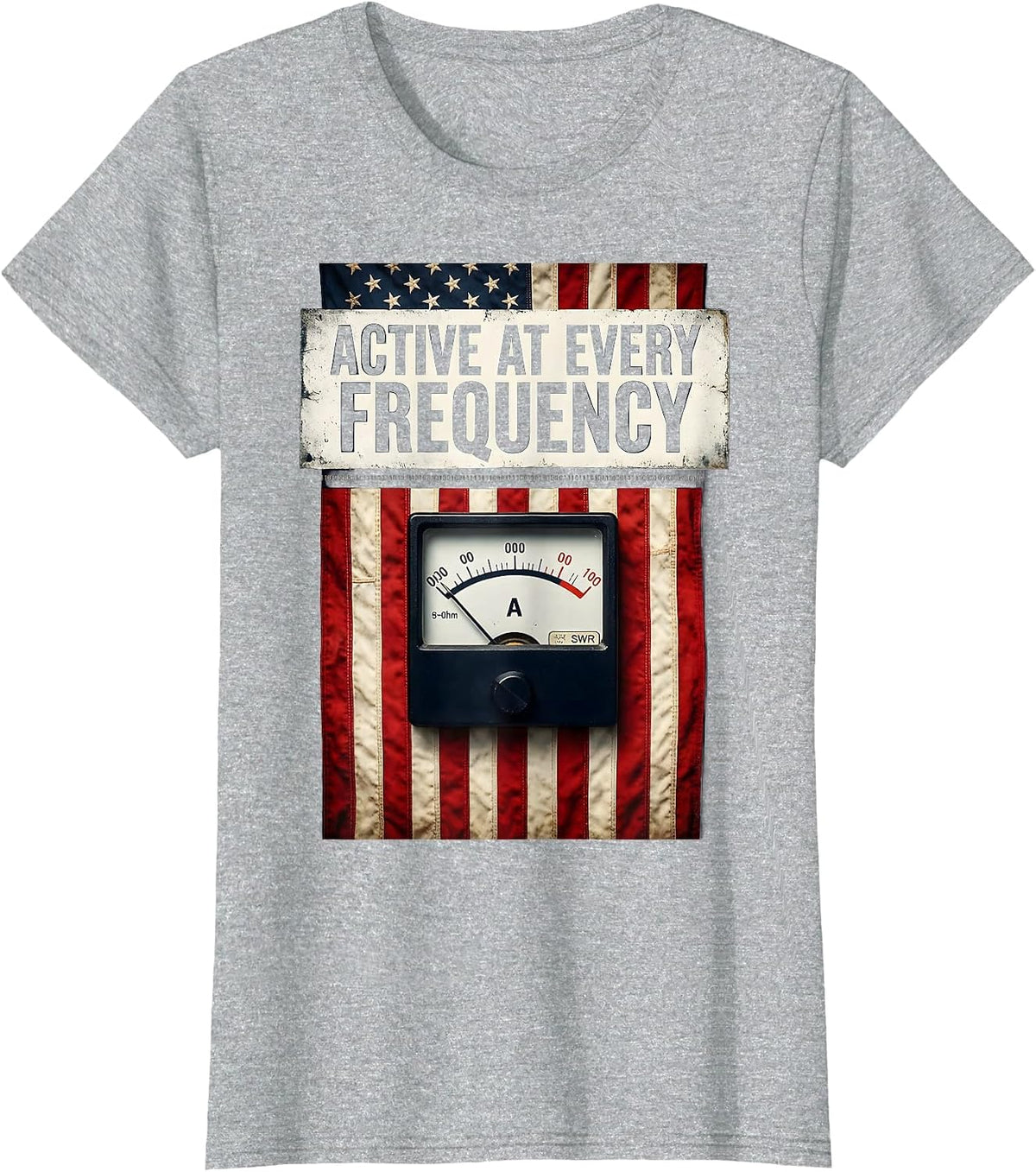 Active At Every Frequency Distressed Flag SWR Meter Design T-Shirt - Heather Grey