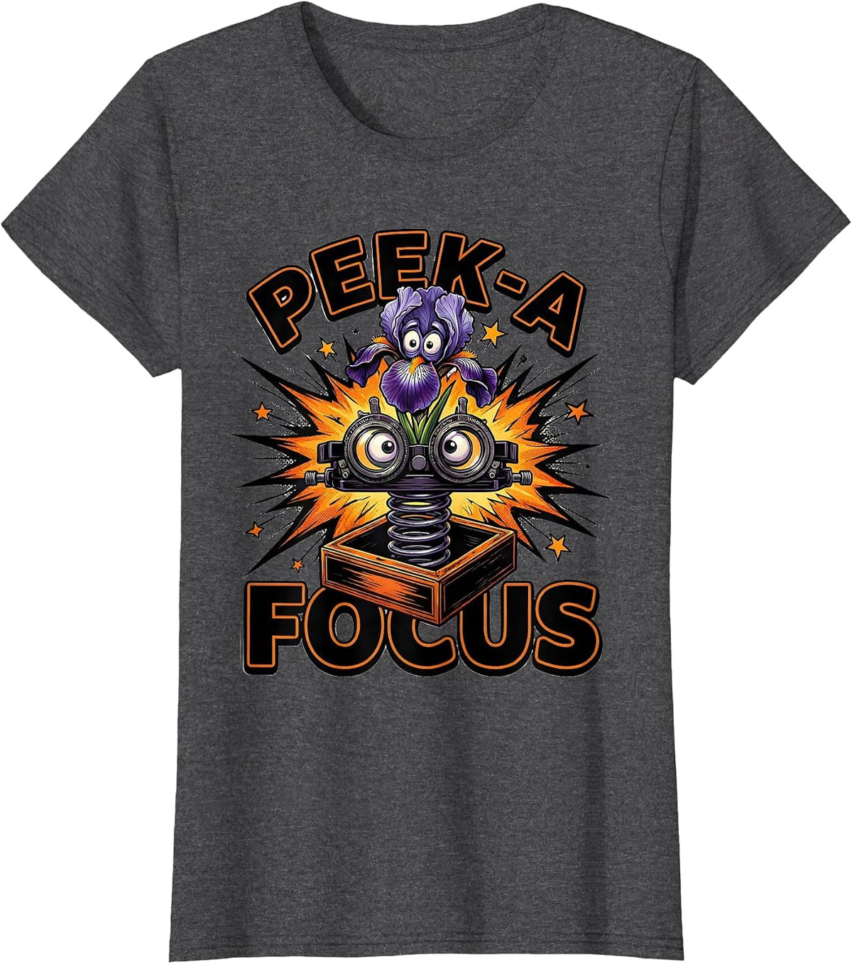 Women's Peek-a-Focus Comic Book Halloween Optometrist Eye Doctor T-Shirt - Dark Heather Grey