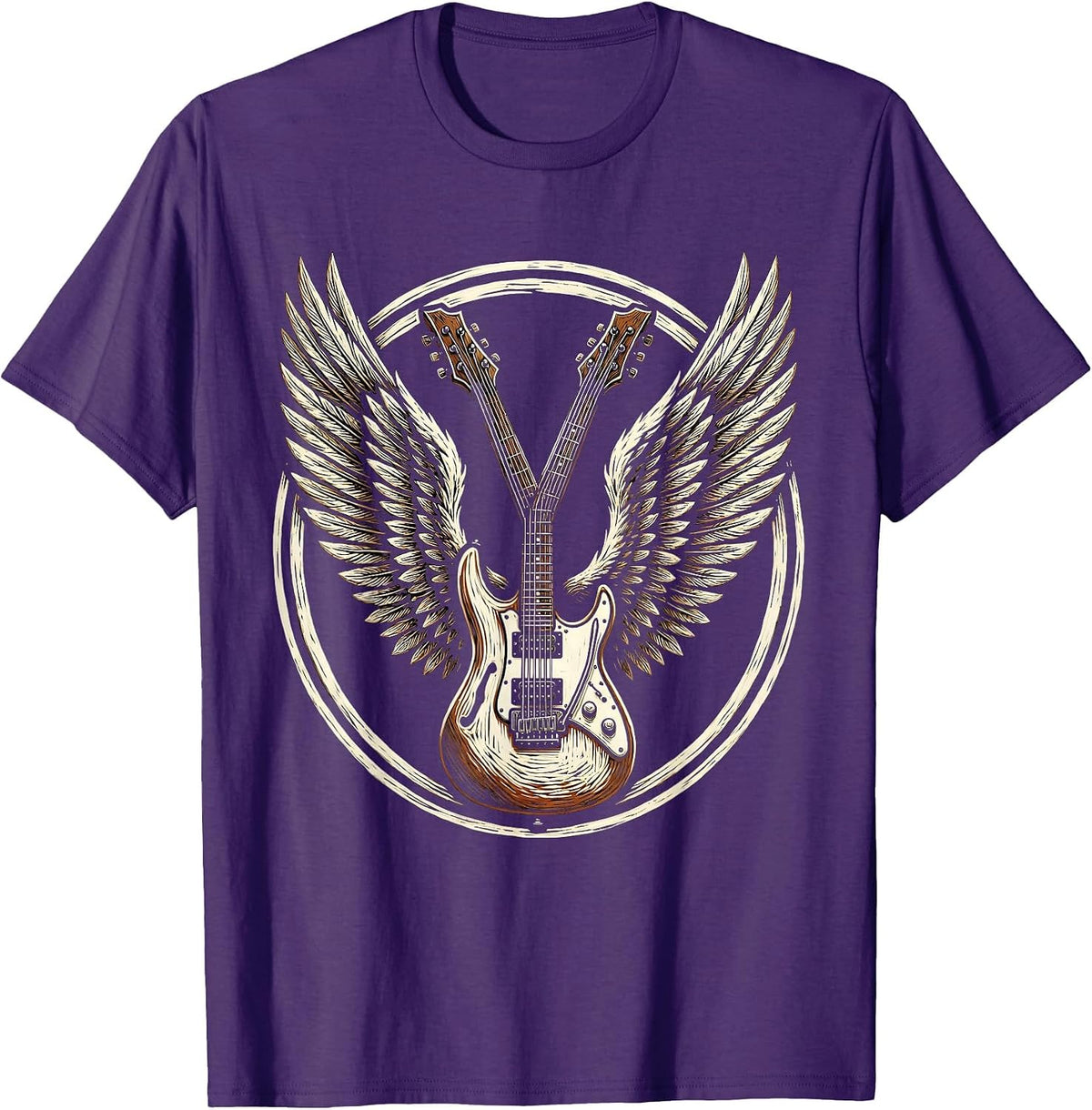 Double-Neck Guitar With Wings Rock Music Design T-Shirt - Purple