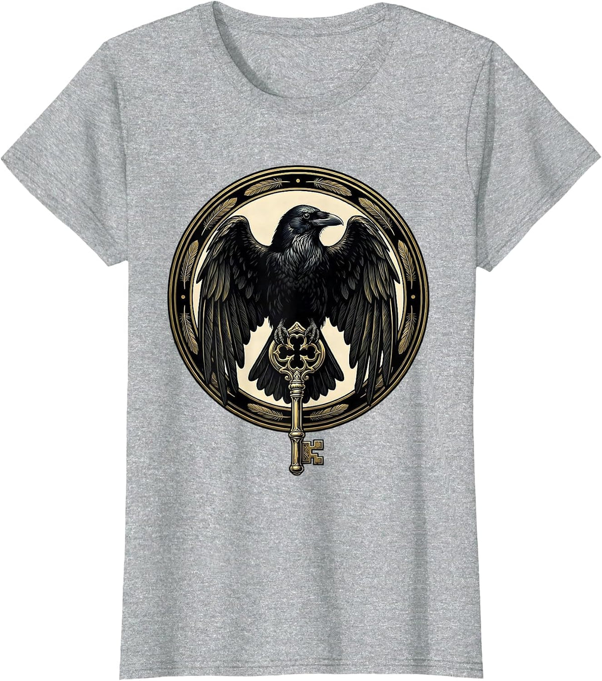 Crow Clutching Skeleton Key Gothic Art T-Shirt - Heather Grey