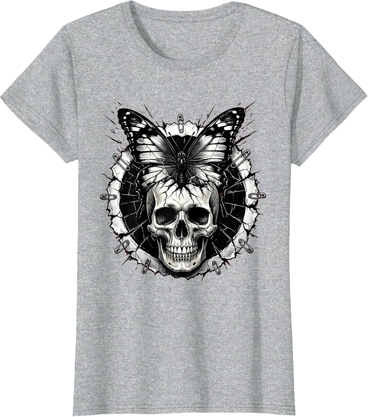 Black Butterfly Cracked Skull Emo Dark Art T-Shirt - Heather Grey