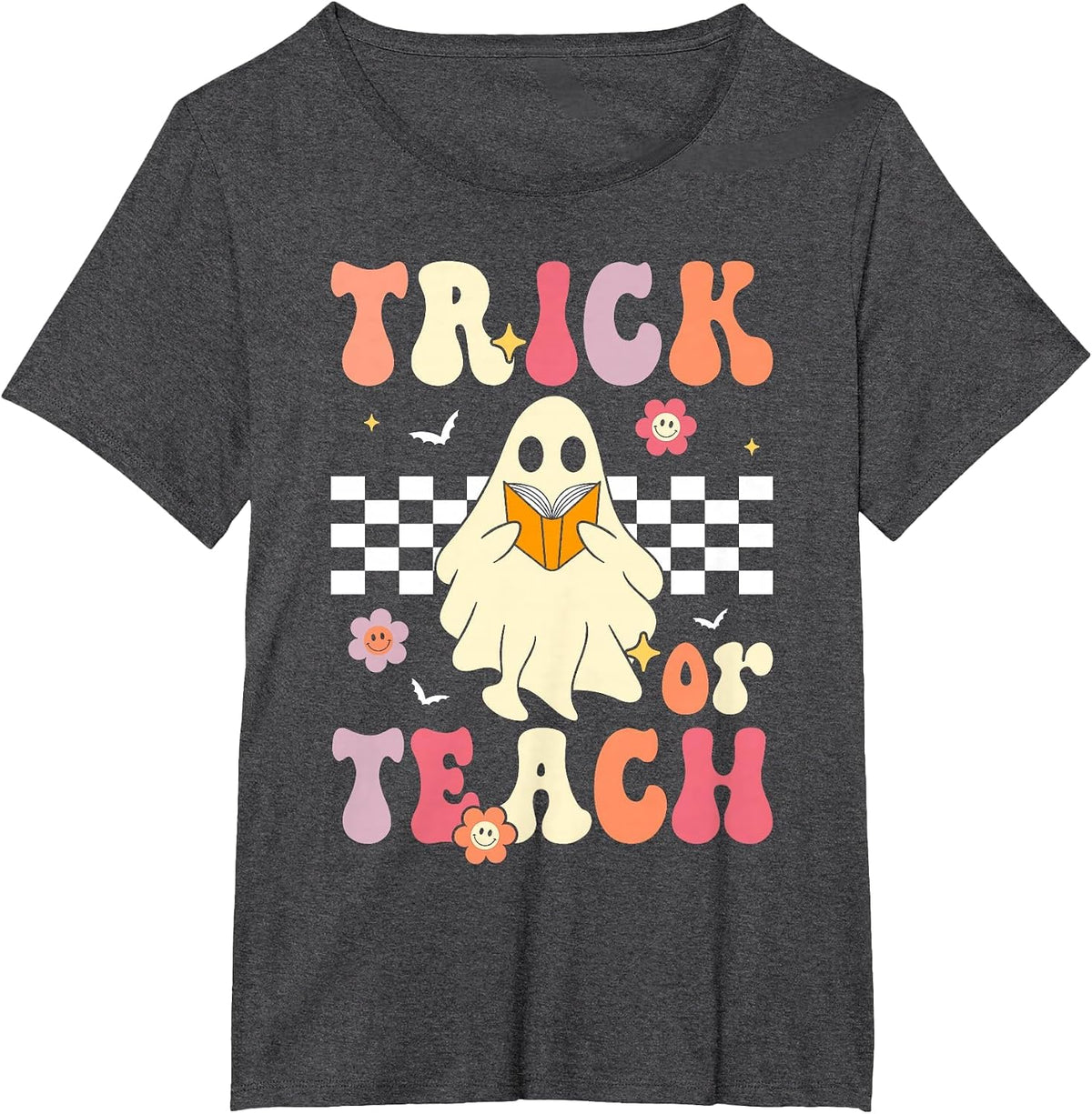 Groovy Teacher Halloween Retro Trick or Teach Floral Ghost T-Shirt - Dark Heather Grey