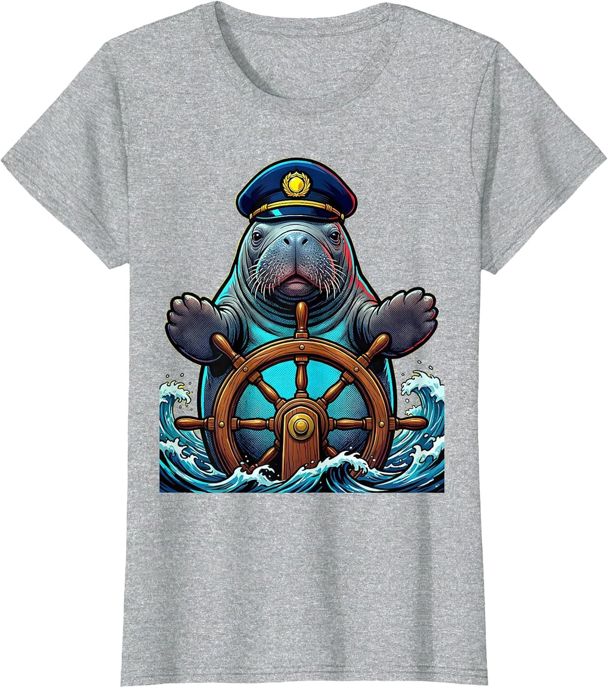 Women's Manatee Captain Steering Ship Nautical Design T-Shirt - Heather Grey