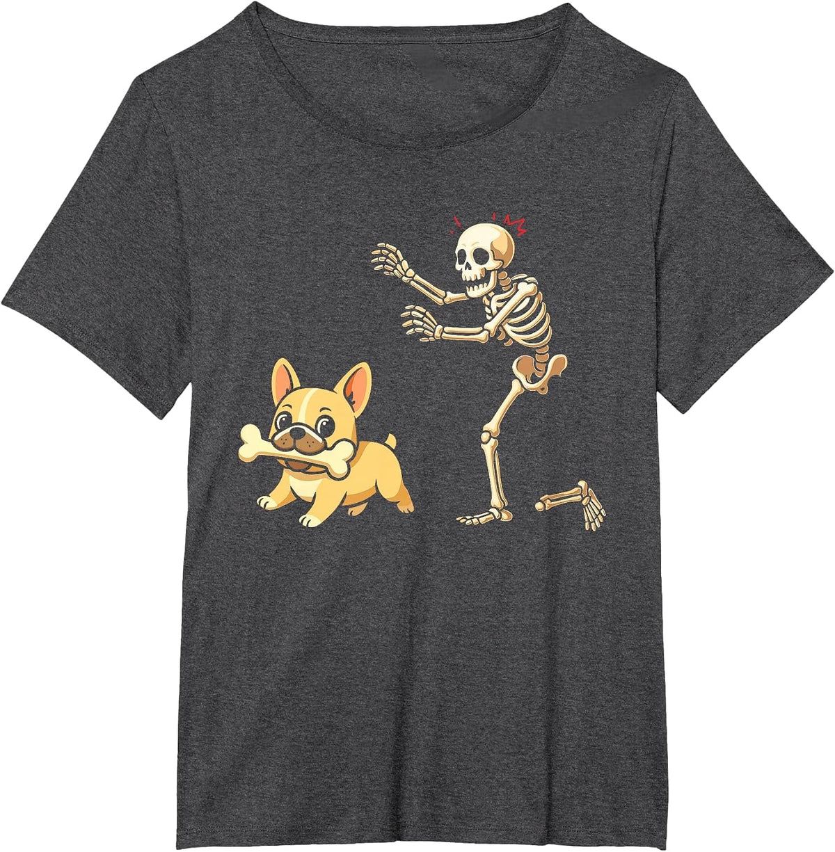Halloween Dog Funny Skeleton Chasing French Bulldog T-Shirt - Dark Heather Grey