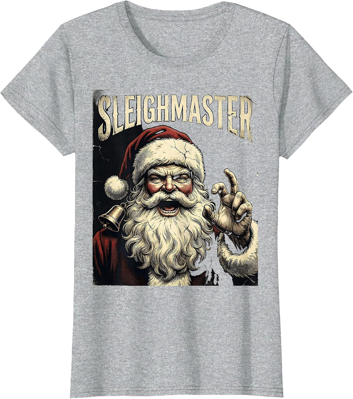 Sleighmaster Distressed Heavy Metal Rock Santa Christmas T-Shirt - Heather Grey