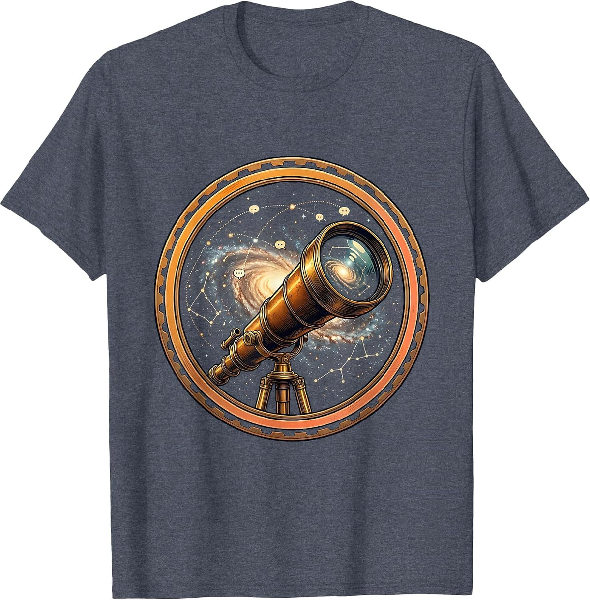 Telescope Galaxy of Letters Astronomy Art T-Shirt - Heather Blue