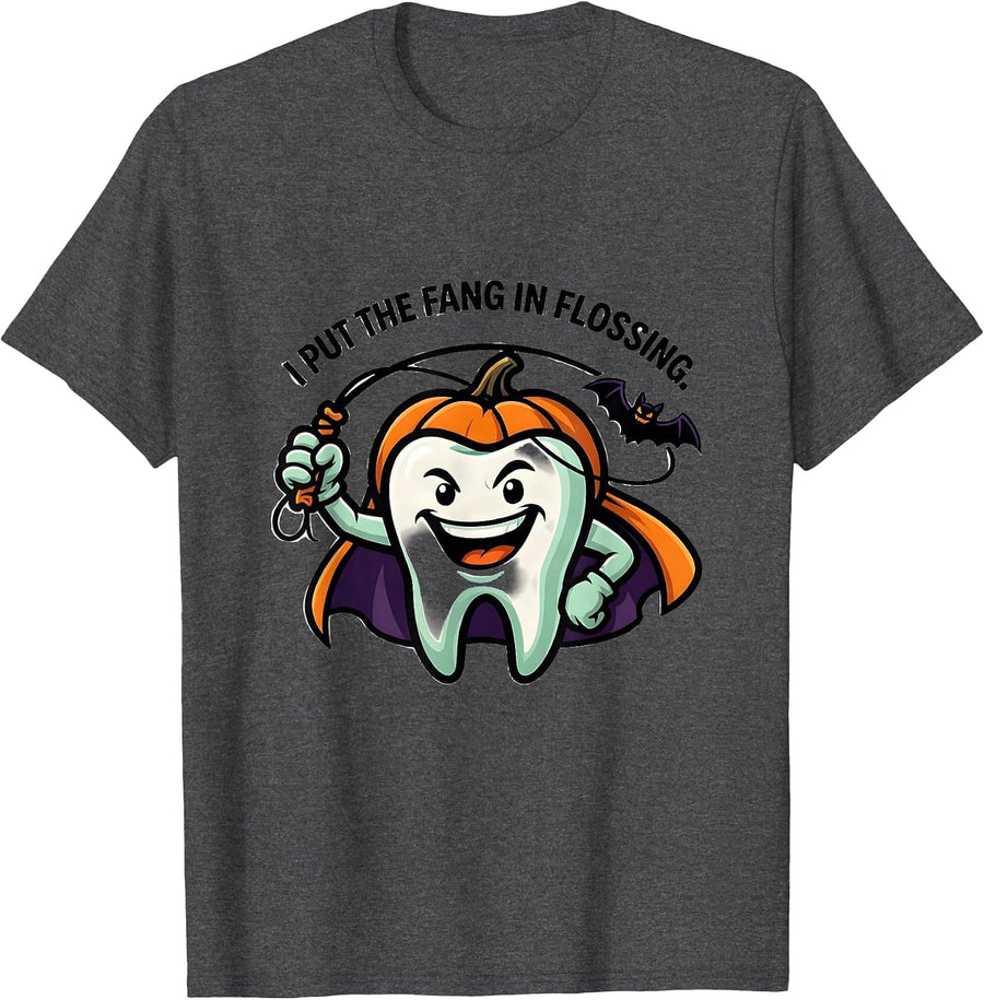 Men's I Put The Fang In Flossing Funny Dentist Halloween Dental T-Shirt - Dark Heather Grey