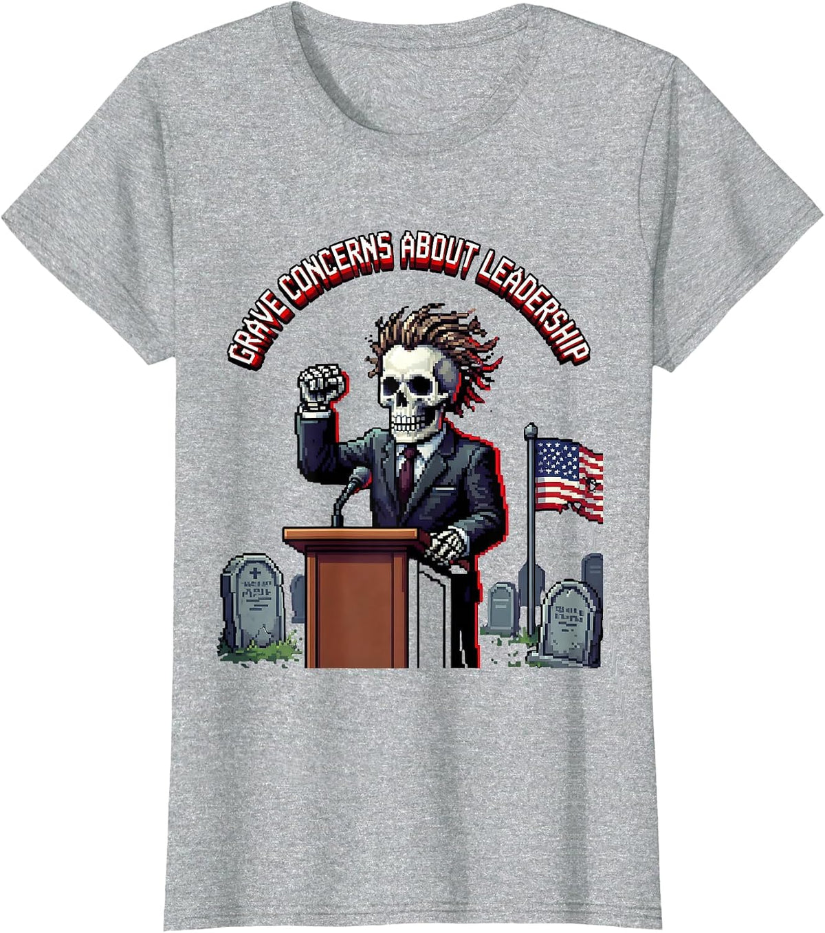Grave Concerns About Leadership Skeleton Design T-Shirt - Heather Grey