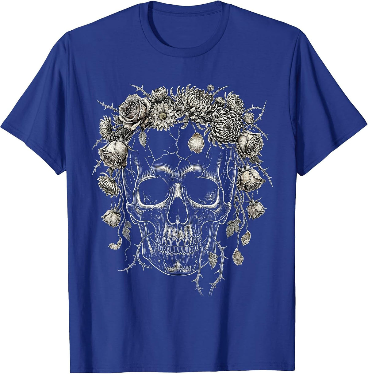 Skull Crowned With Dead Flowers Emo Graphic T-Shirt - Royal Blue