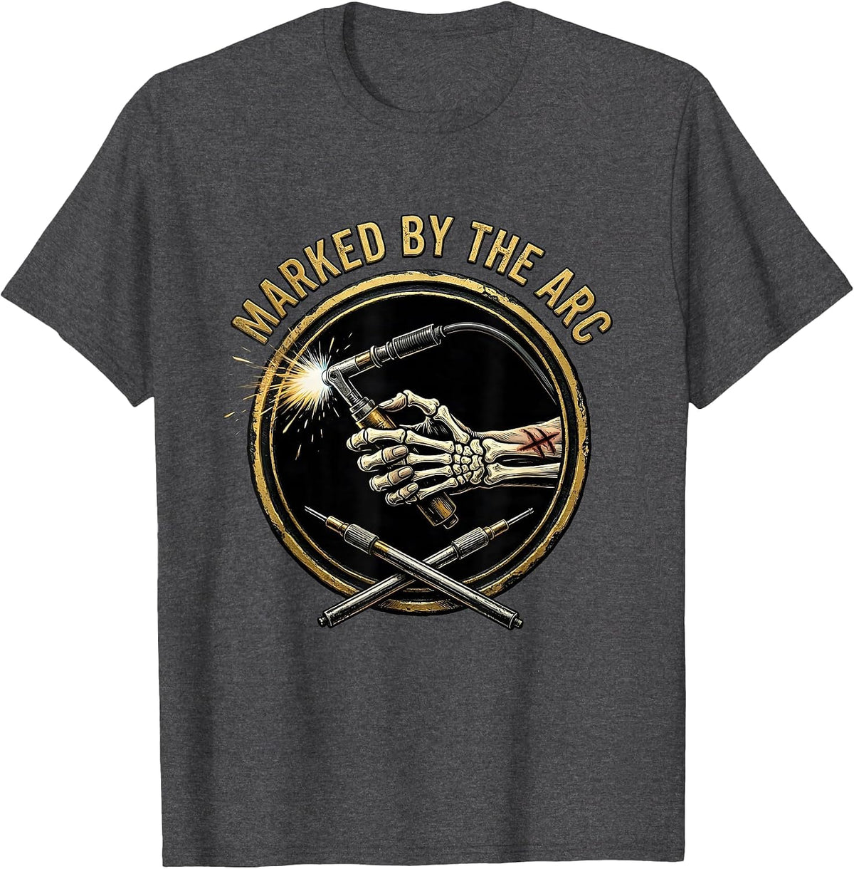 Men's Marked By The Arc Skeleton Welder Tradesman Humor T-Shirt - Dark Heather Grey