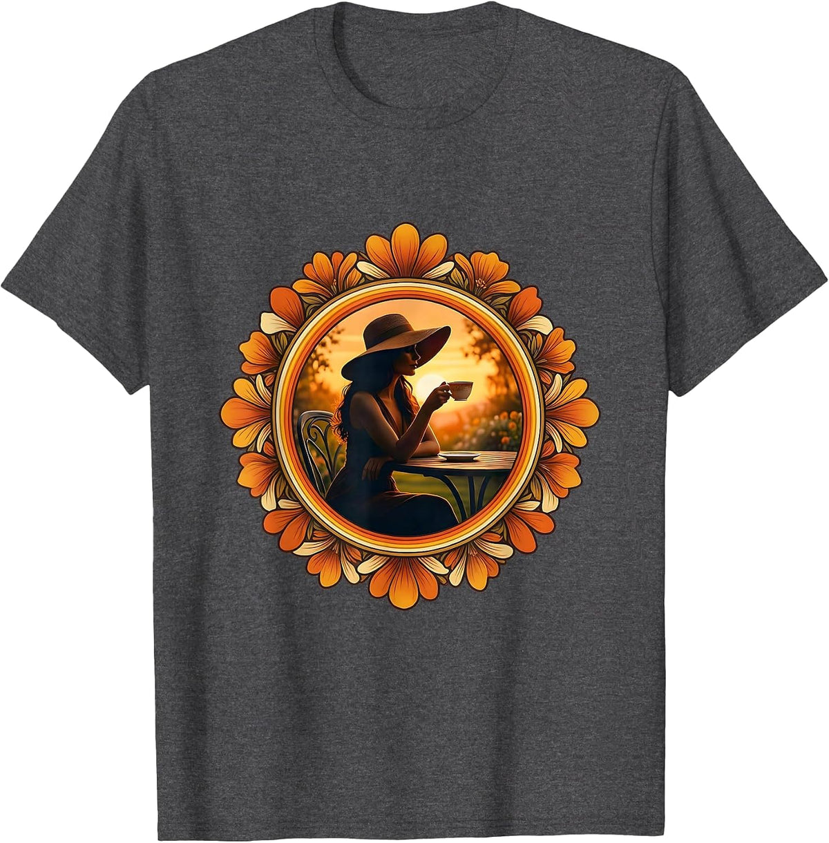 Elegant Tea Garden Illustration Gigi Design T-Shirt - Dark Heather Grey