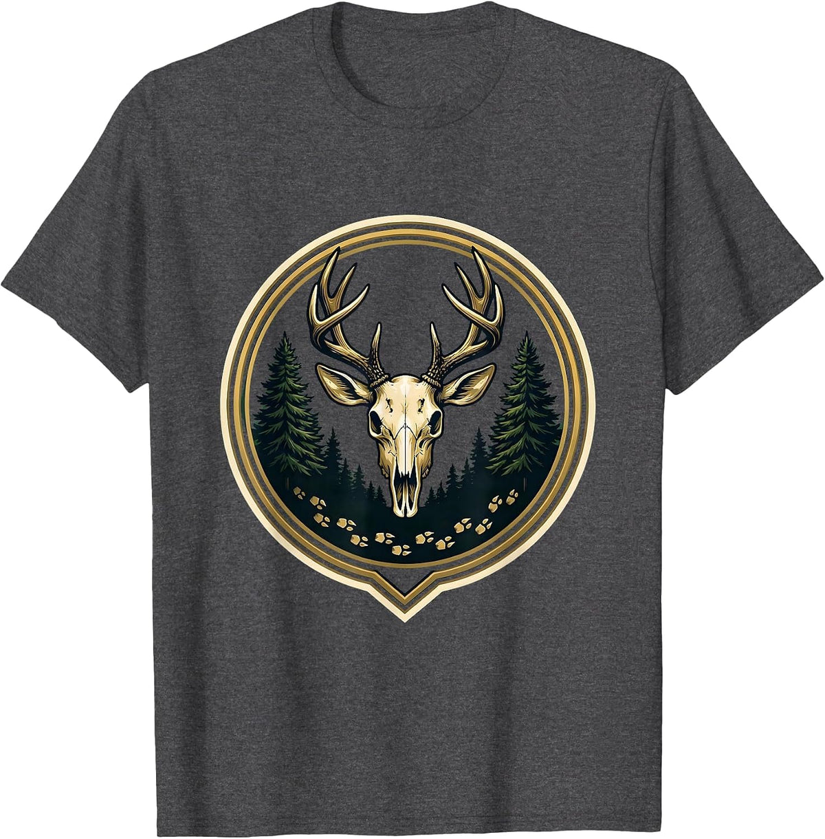 Men's Deer Tracks Into Dark Forest Hunting Design T-Shirt - Dark Heather Grey