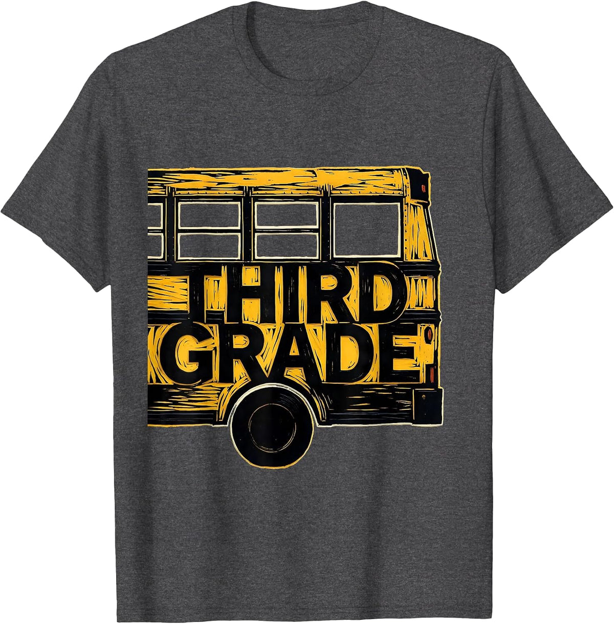 Third Grade Linocut School Bus Teacher Student First Day T-Shirt - Dark Heather Grey