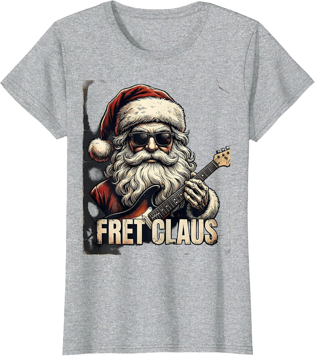 Fret Claus Distressed Heavy Metal Rock Christmas Humor T-Shirt - Heather Grey