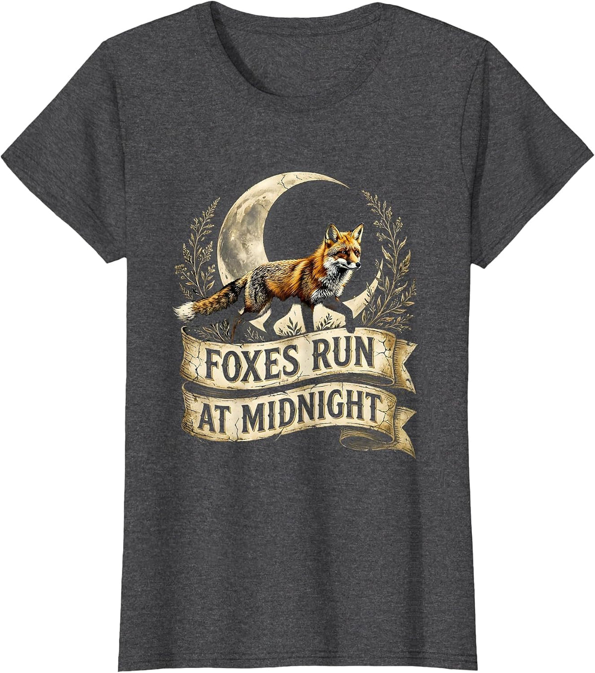 Women's Foxes Run At Midnight Mysterious Fox Design T-Shirt - Dark Heather Grey