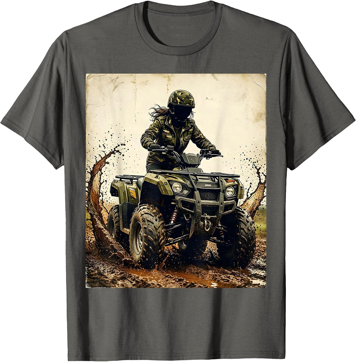 Camo Girl Four-Wheeler Mud Riding Graphic T-Shirt - Asphalt Grey