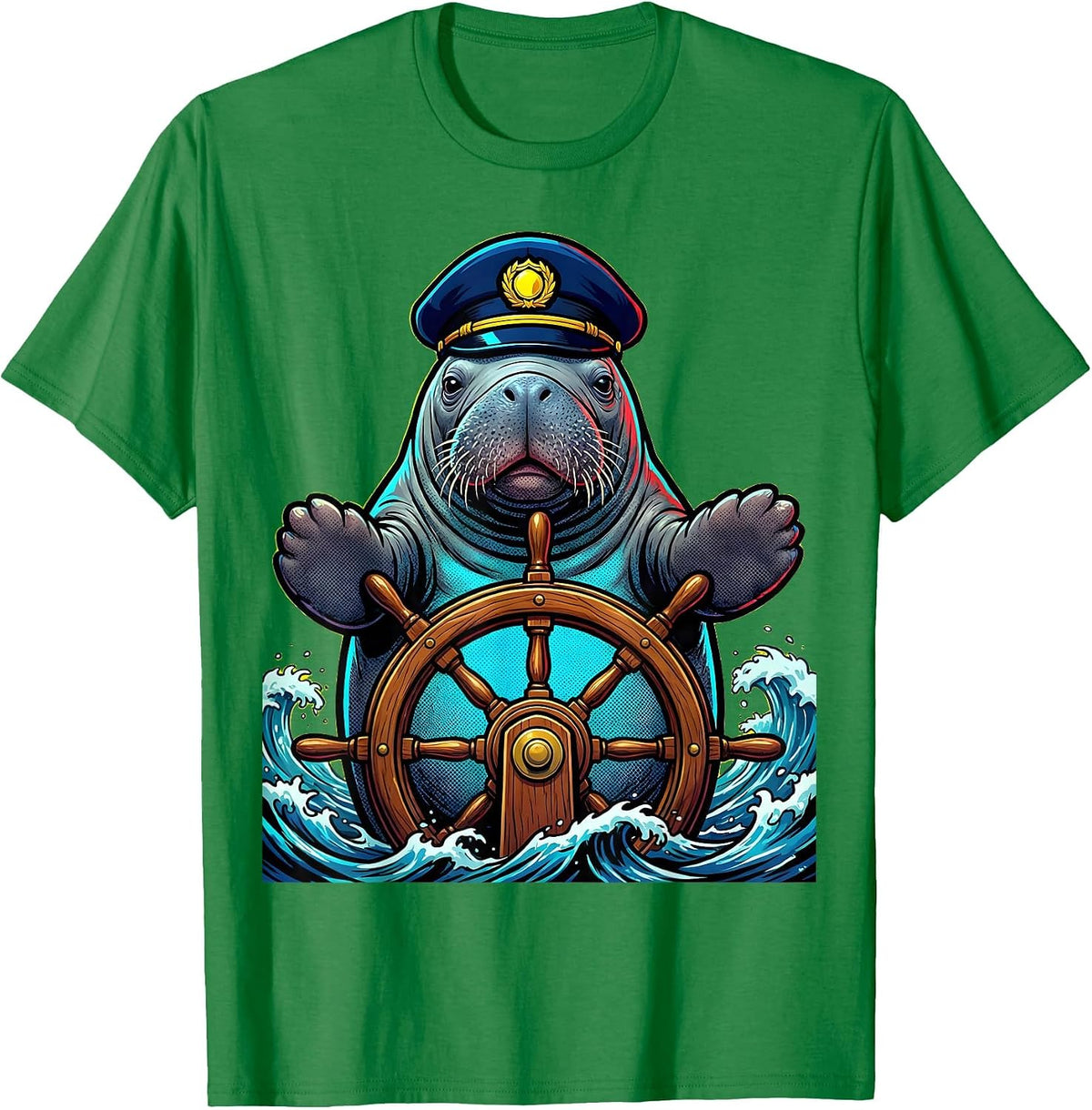 Men's Manatee Captain Steering Ship Nautical Design T-Shirt - Kelly Green