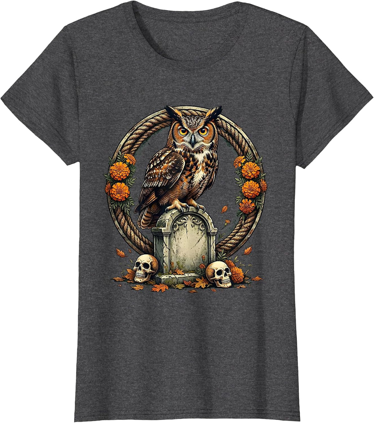 Women's Day of the Dead Owl on Gravestone Night Design T-Shirt - Dark Heather Grey