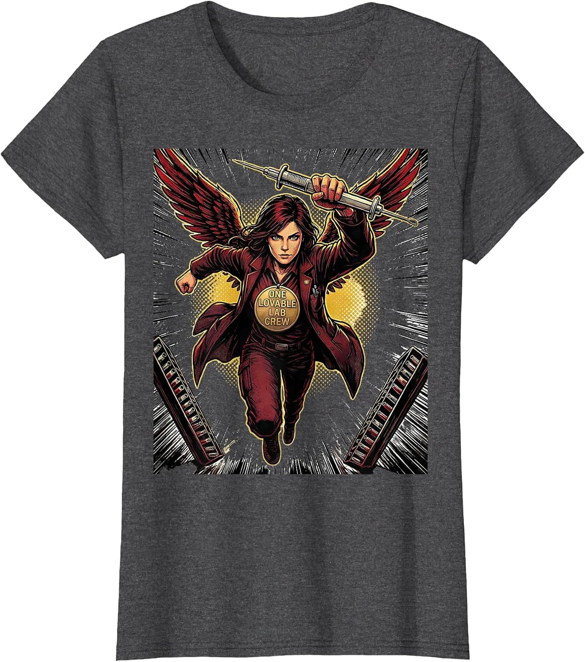 Women's One Lovable Lab Crew Comic Book Phlebotomist Lab Tech T-Shirt - Dark Heather Grey
