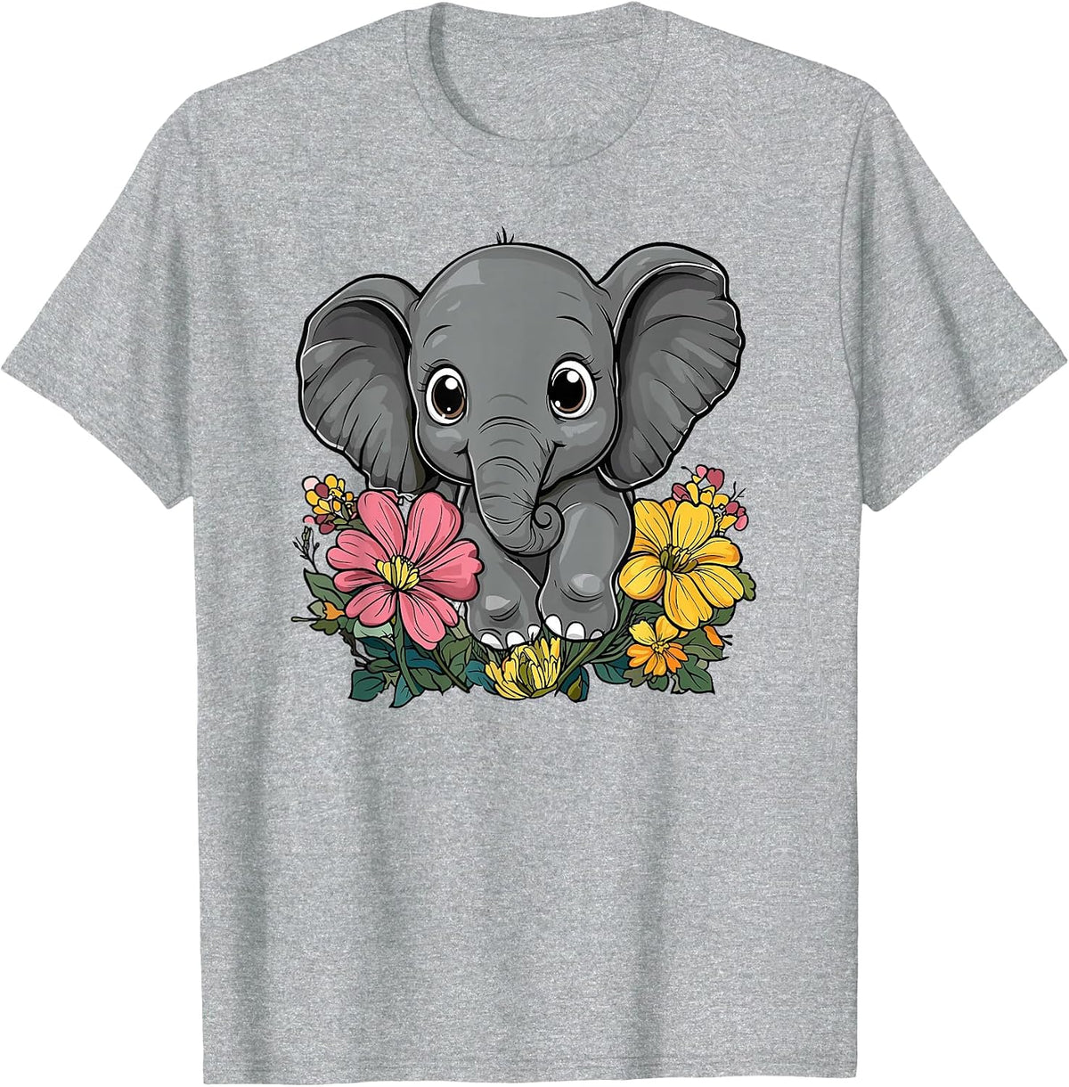 Cute Elephant Surrounded By Flowers T-Shirt - Heather Grey