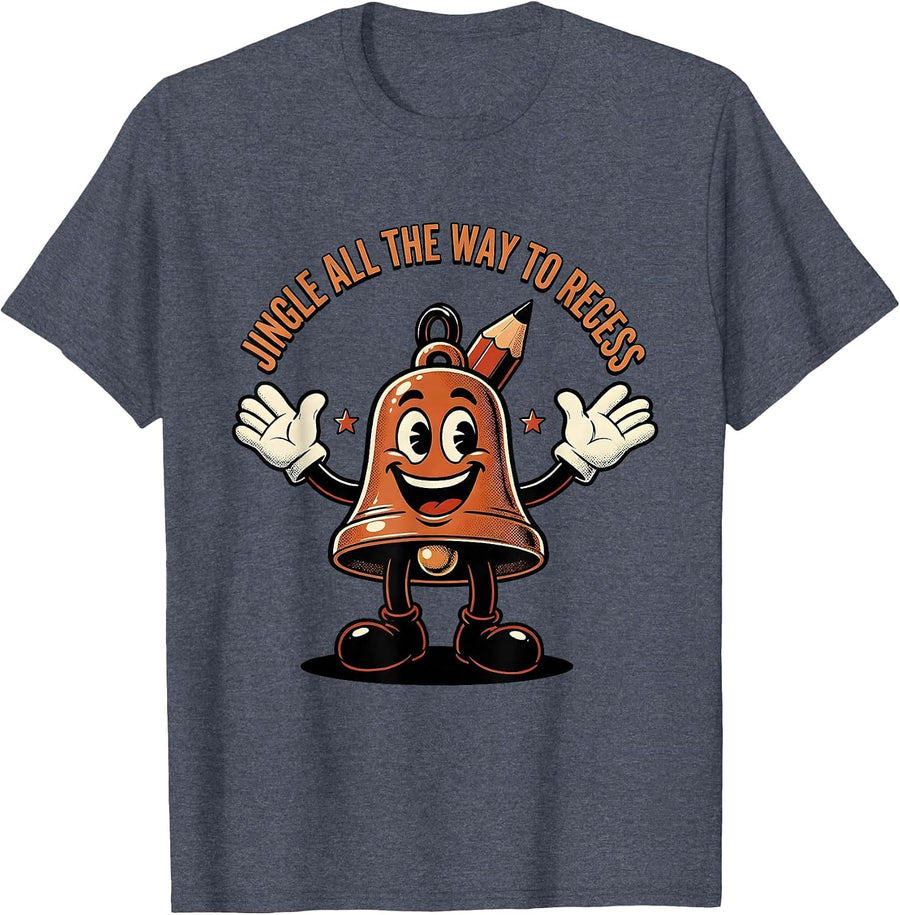 Jingle All The Way To Recess Retro Cartoon Teacher Christmas T-Shirt - Heather Blue