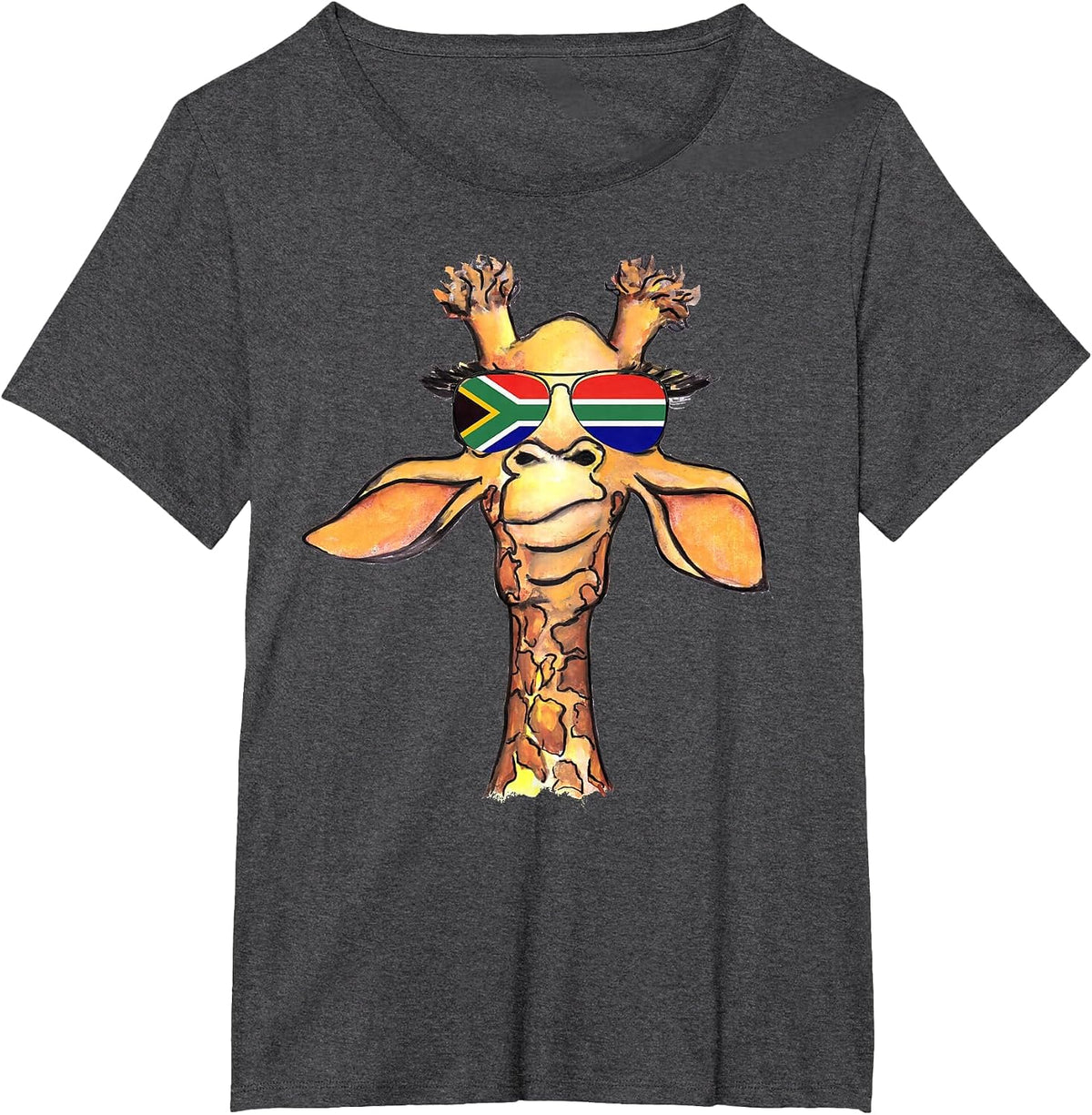 Funny Cute Giraffe with Aviator Sunglasses South Africa Flag T-Shirt - Dark Heather Grey