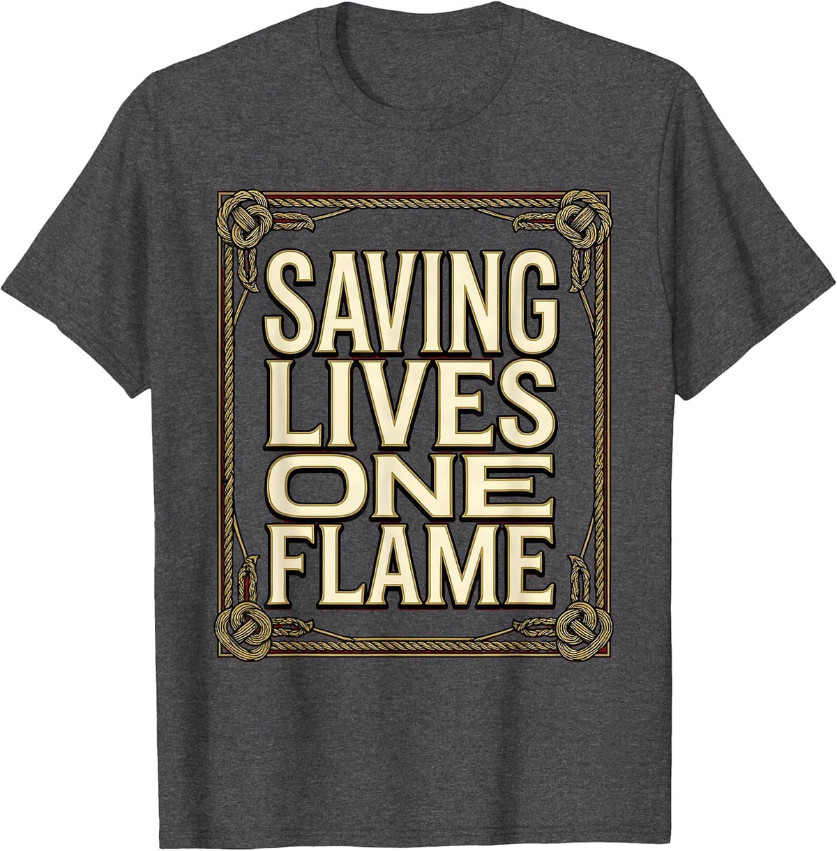Men's Saving Lives One Flame Firefighter Design T-Shirt - Dark Heather Grey
