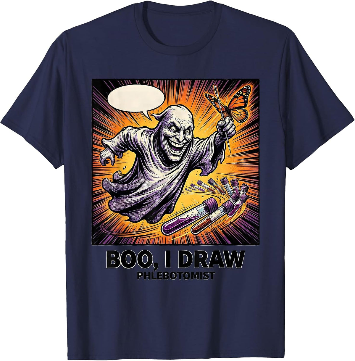 Men's Boo I Draw Phlebotomist Funny Ghost Nurse Halloween T-Shirt - Navy Blue