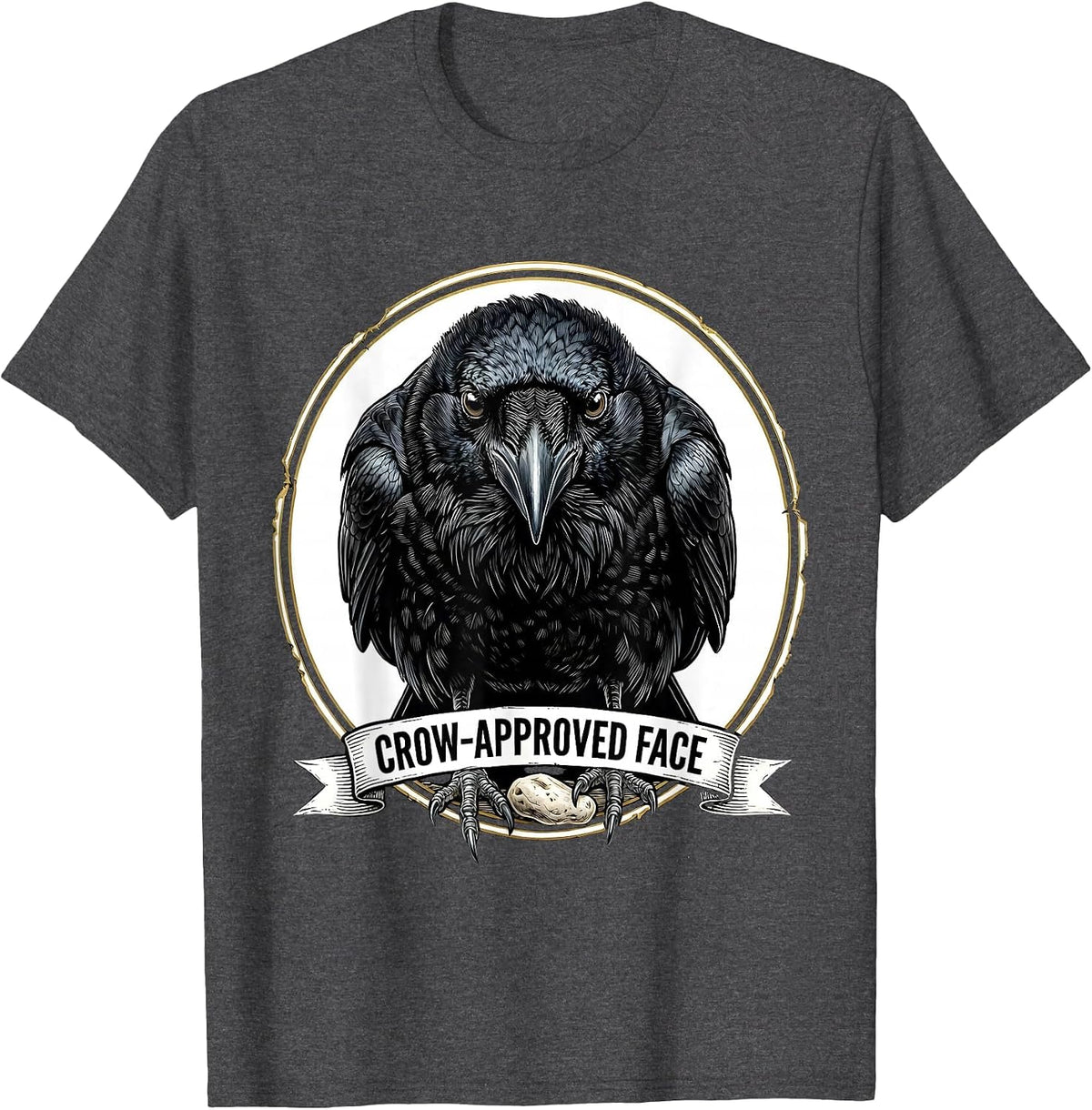 Men's Crow-Approved Face Dark Humor Gothic Bird Lover Emblem T-Shirt - Dark Heather Grey