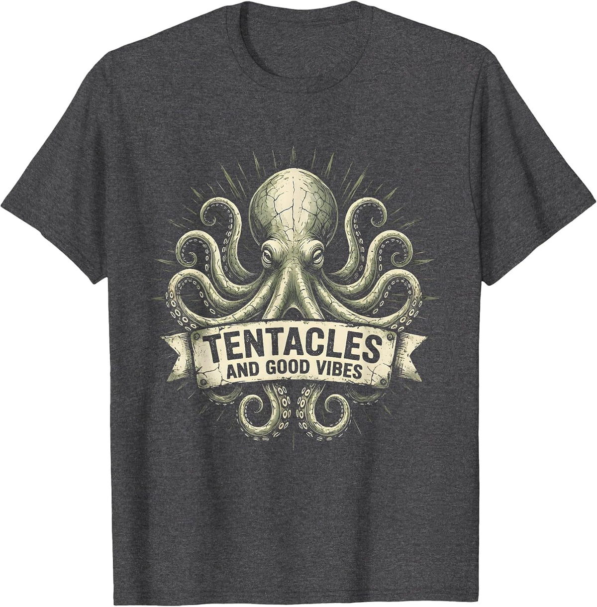 Tentacles And Good Vibes Octopus Design T-Shirt - Dark Heather Grey