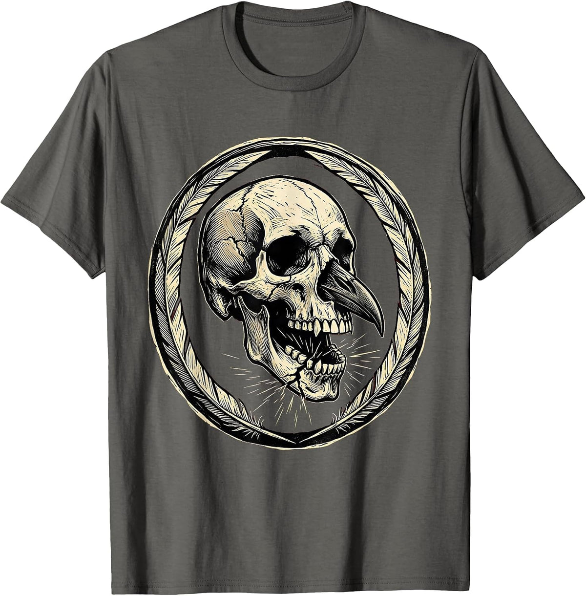 Crow Skull Cracked Beak Dark Gothic Illustration T-Shirt - Asphalt Grey