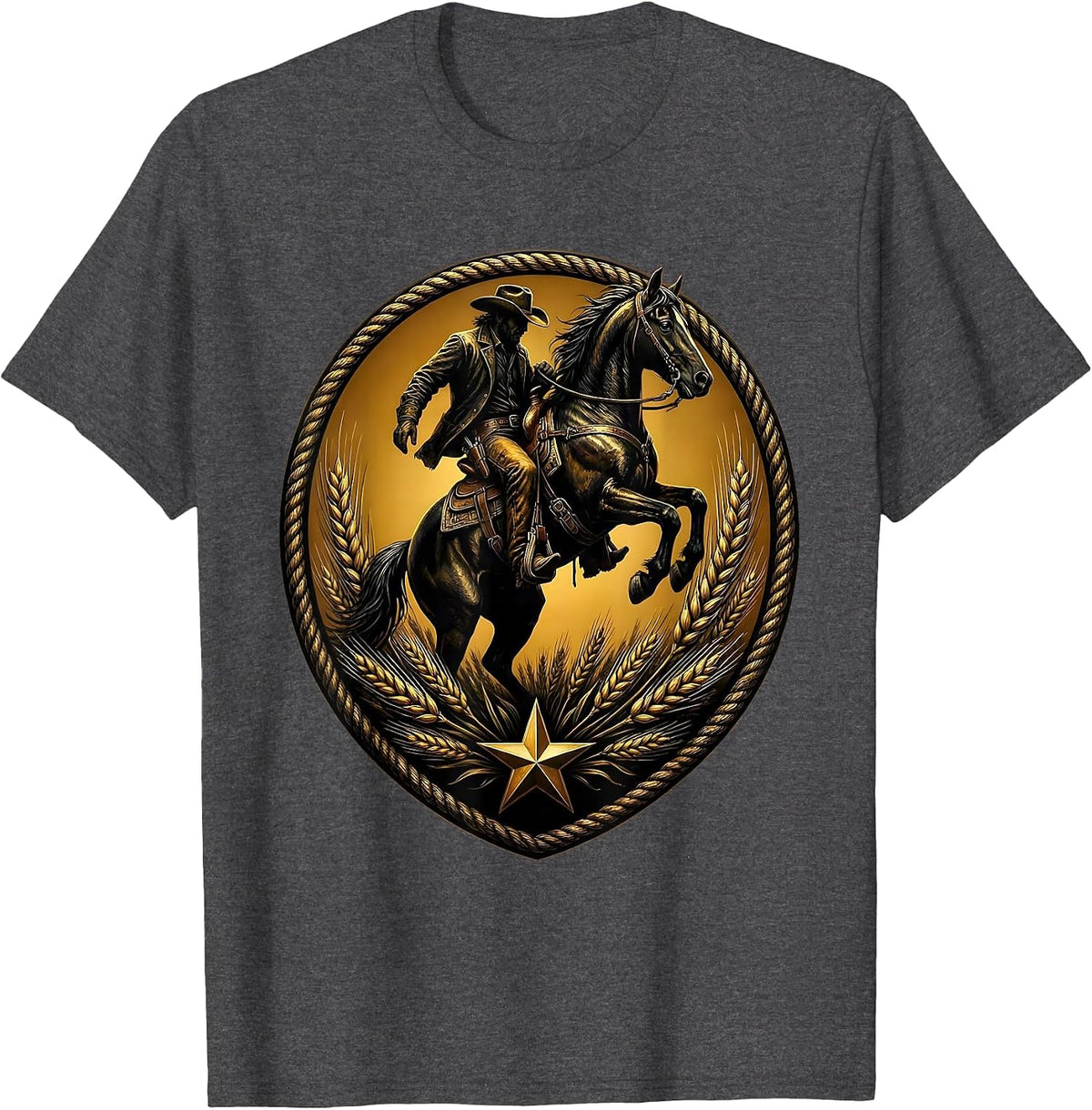 Cowboy Silhouette Riding Horse at Sunset T-Shirt - Dark Heather Grey