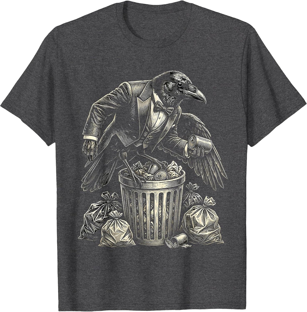 Men's Dapper Crow Dumpster Diver Funny Tattoo Art T-Shirt - Dark Heather Grey