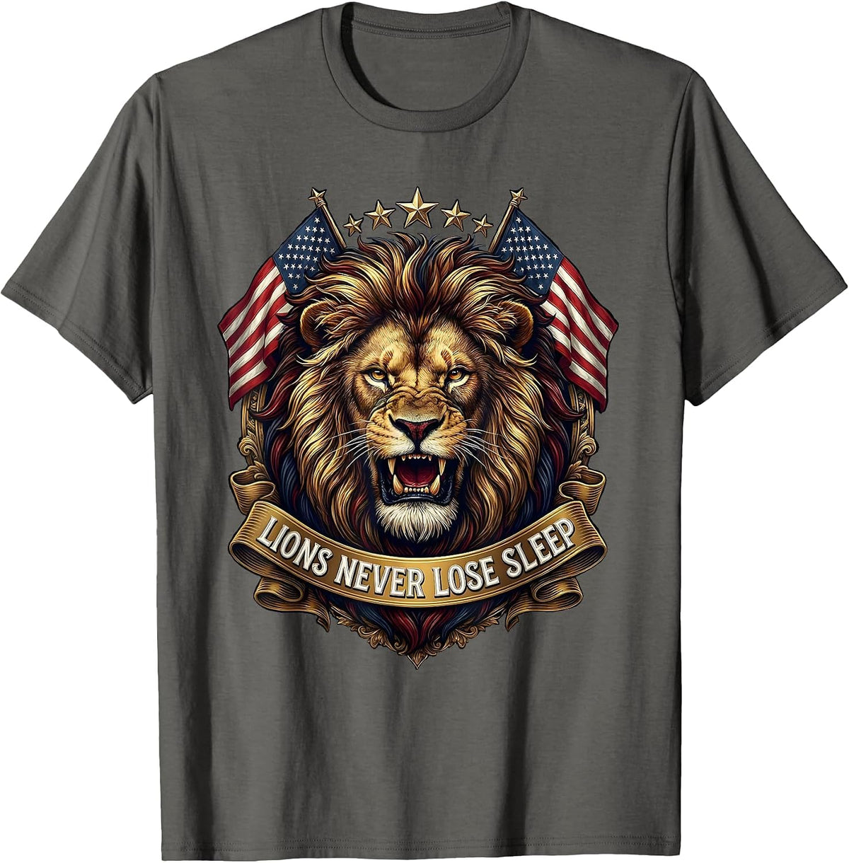 Lions Never Lose Sleep Bold Graphic Design T-Shirt - Asphalt Grey