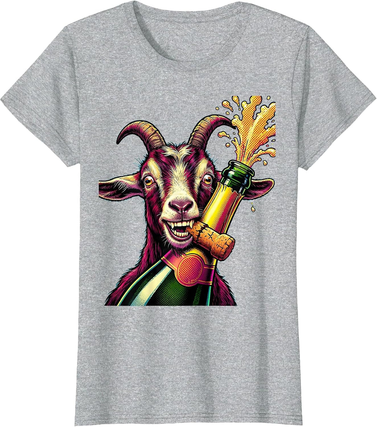 Funny Goat Champagne Cork Drinking Illustration T-Shirt - Heather Grey