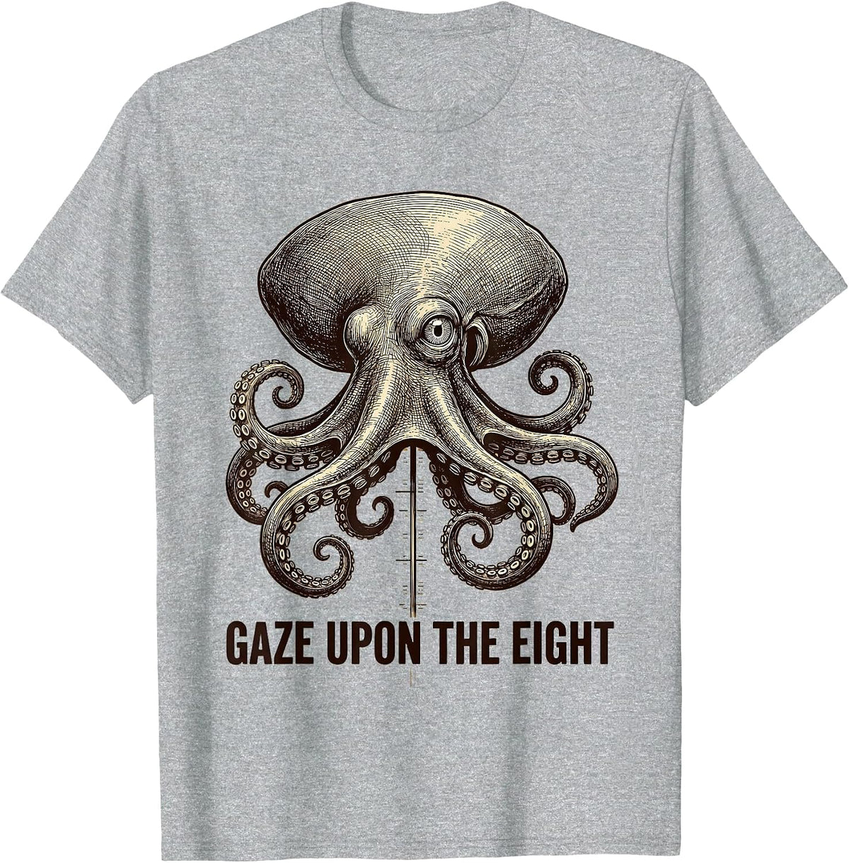 Men's Gaze Upon The Eight Crosshatch Octopus Lover Sea Creature T-Shirt - Heather Grey