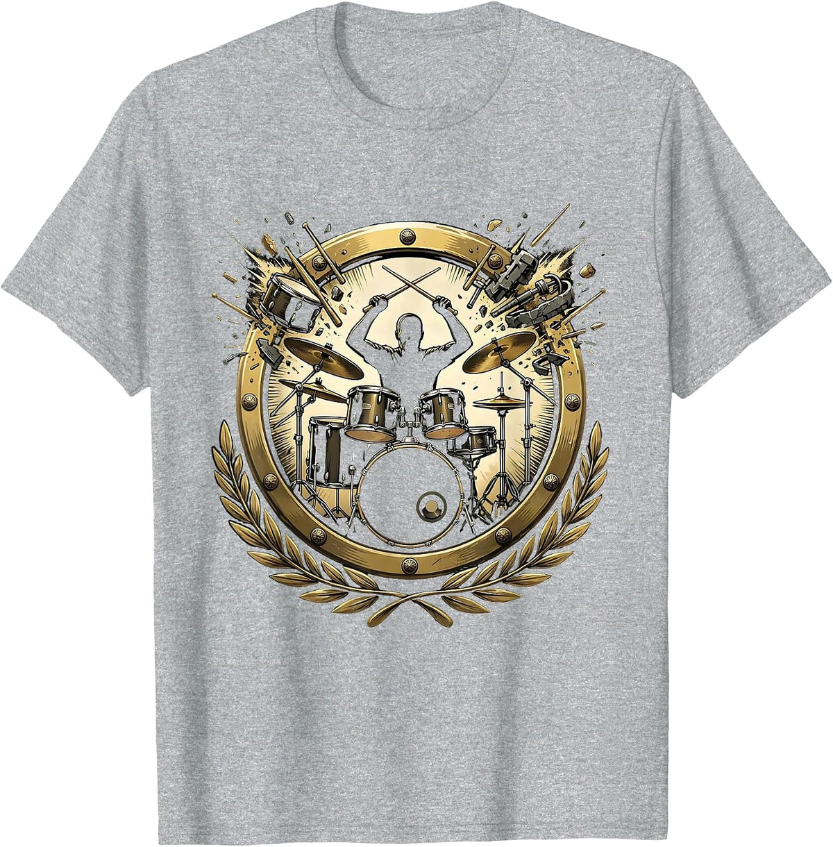 Men's Exploding Drum Kit Rock Band Drummer Illustration T-Shirt - Heather Grey