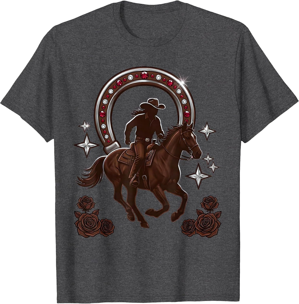 Texas Cowboy Silhouette Riding Horse at Sunset T-Shirt - Dark Heather Grey