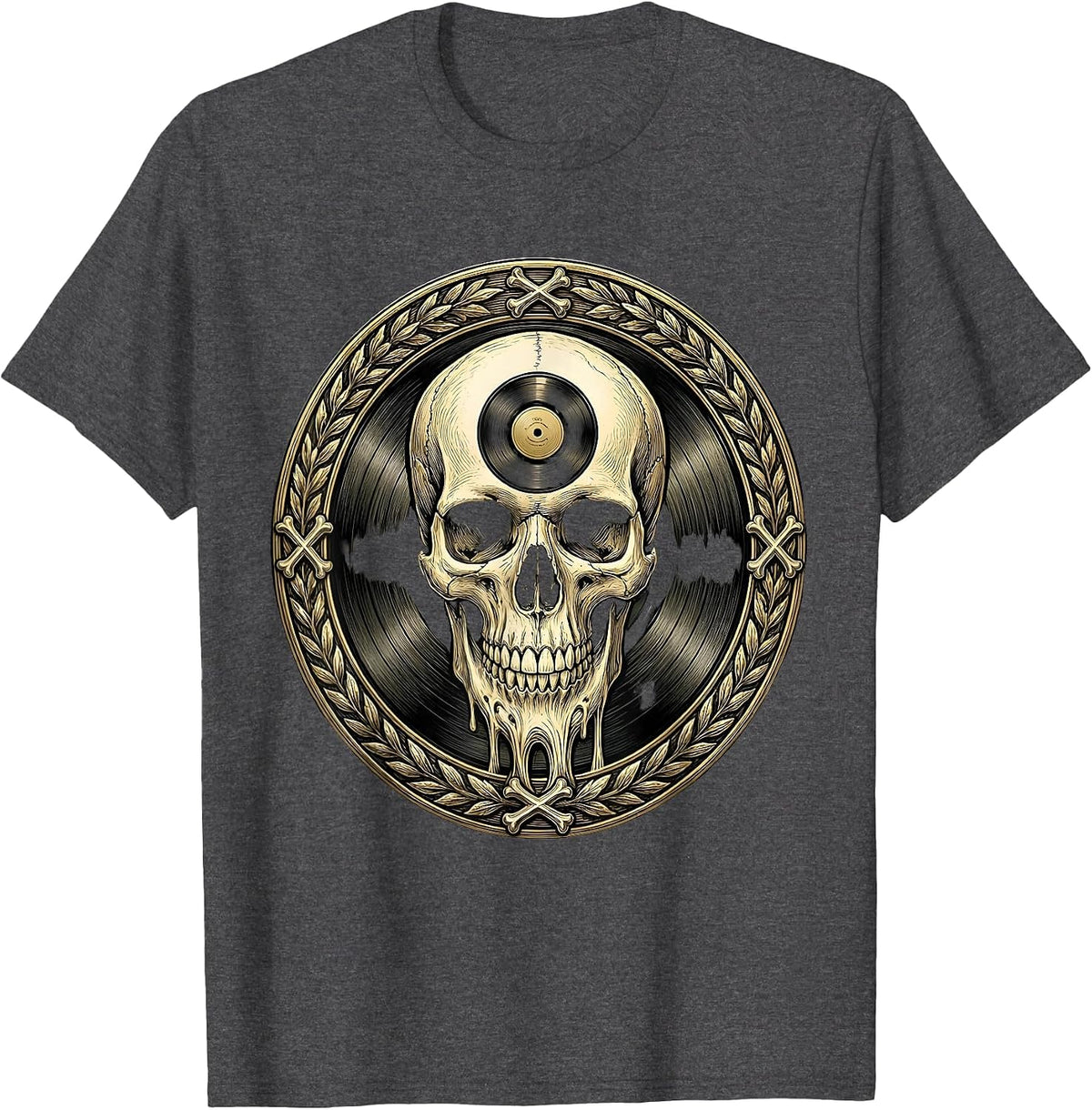 Skull Melting Into Vinyl Record Rock Art T-Shirt - Dark Heather Grey