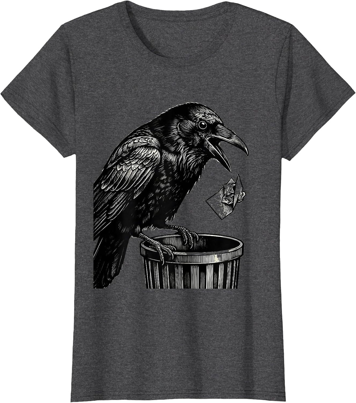 Women's Crow Dropping Pun Scratchboard Gothic Dark Humor T-Shirt - Dark Heather Grey