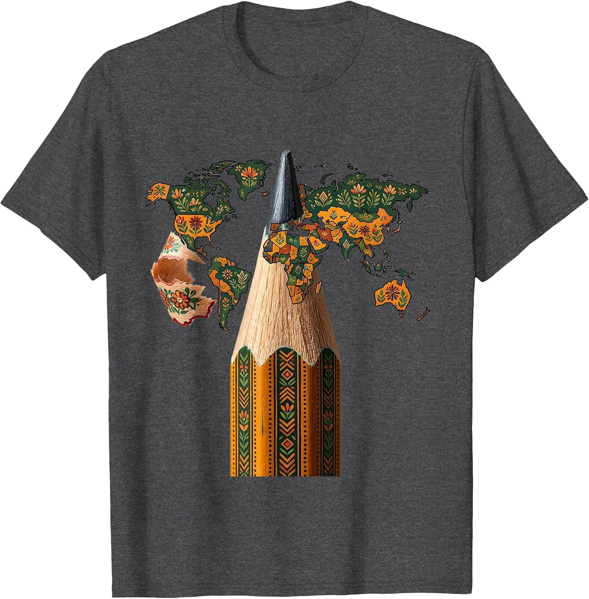 Pencil World Map Geography Explorer Design T-Shirt - Dark Heather Grey