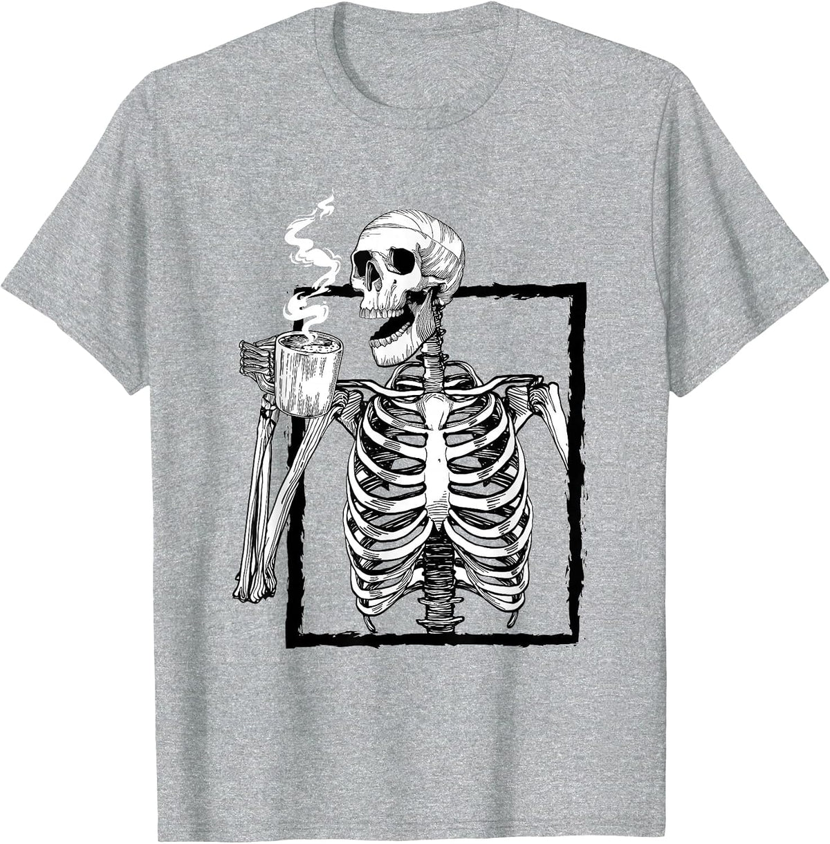 Skeleton Drinking Coffee Lover Funny Halloween Skull T-Shirt - Heather Grey