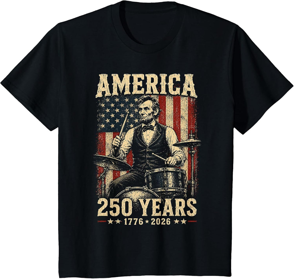 Vintage Abraham Lincoln Abe Lincoln Playing Drums 250 Years T-Shirt - Black