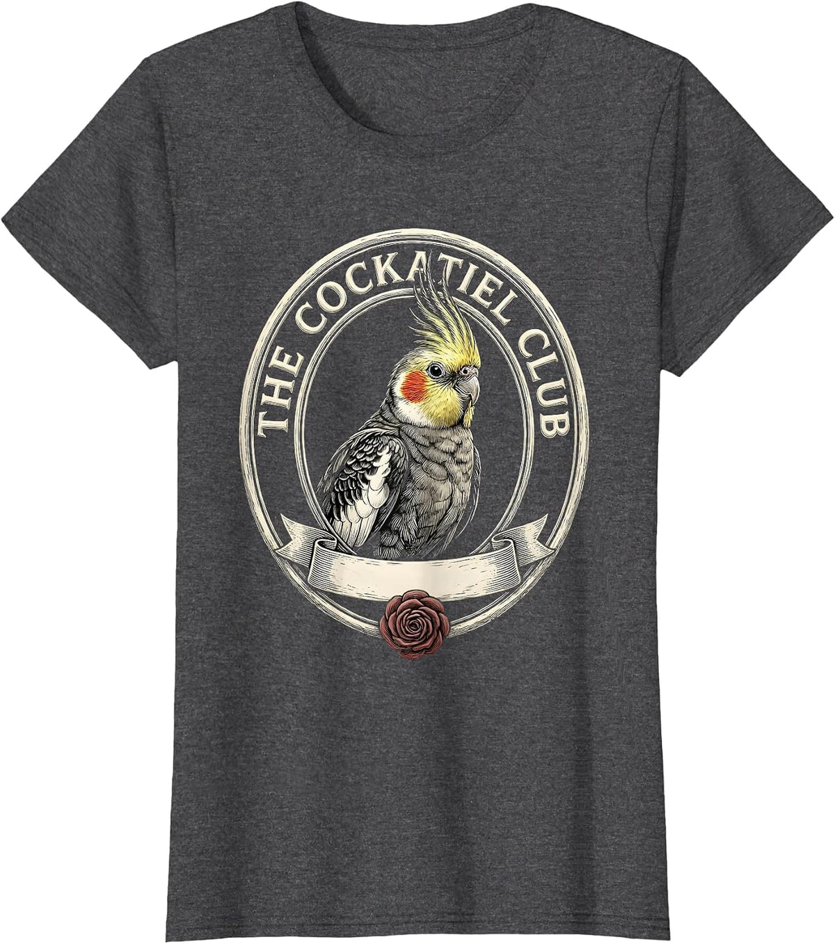 Women's The Cockatiel Club Funny Crude Novelty Club Badge Humor T-Shirt - Dark Heather Grey