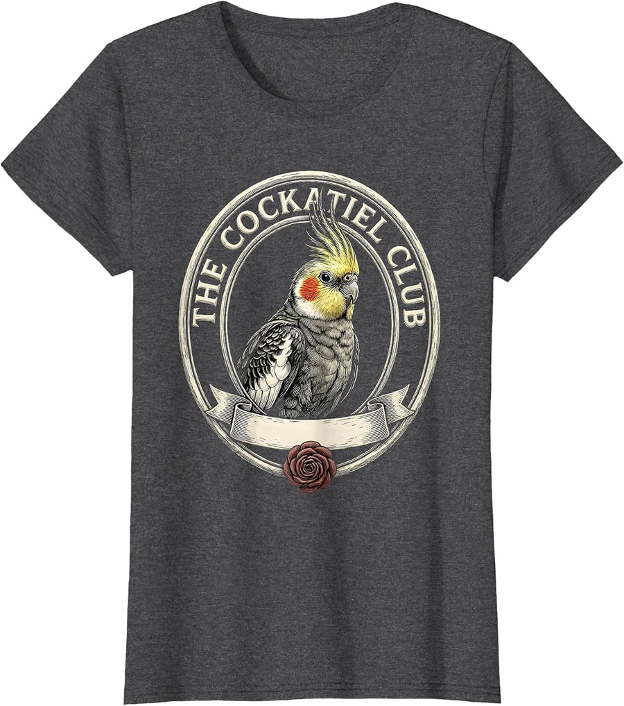 Women's The Cockatiel Club Funny Crude Novelty Club Badge Humor T-Shirt - Dark Heather Grey