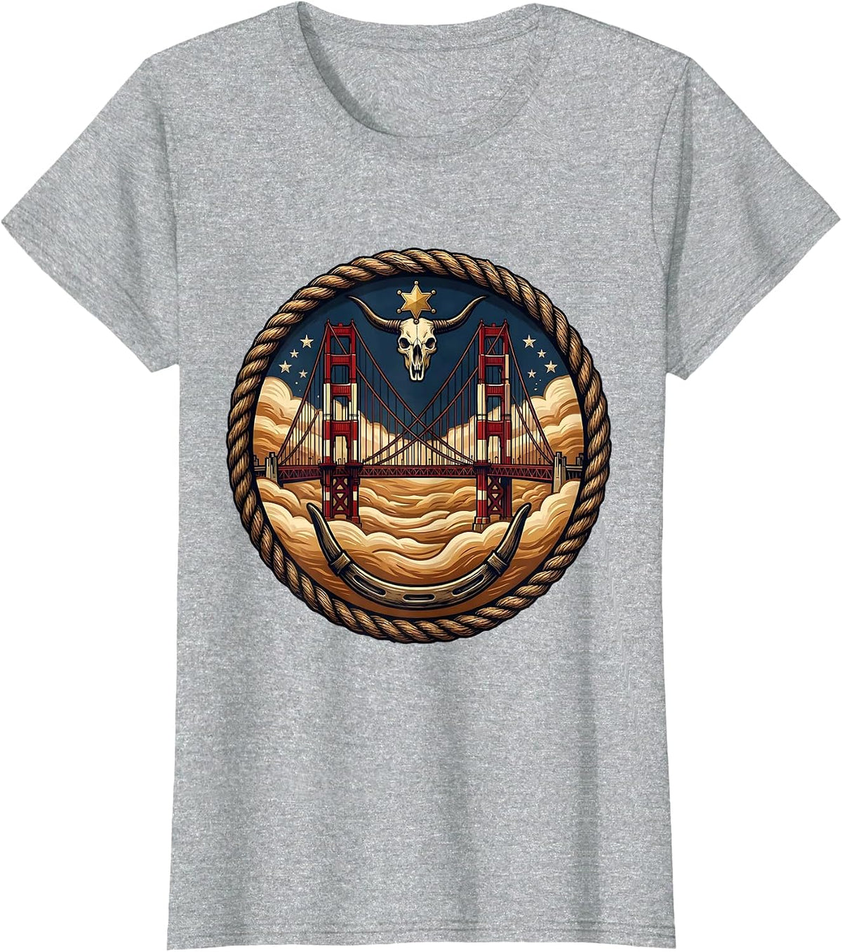Golden Gate Bridge Morning Fog Illustration T-Shirt - Heather Grey
